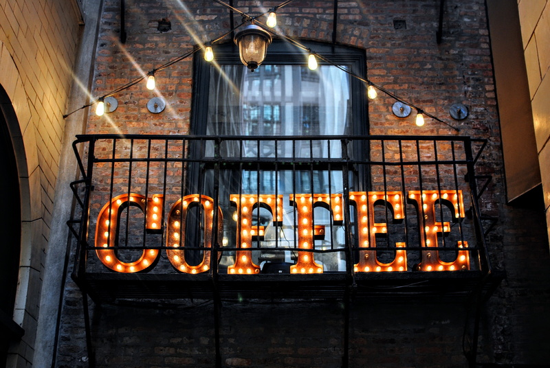 no People, illuminated sign, window, lights, coffee, restaurant, architecture, lighting Equipment, indoors, brick wall, coffee sign, chicago, sign, building Exterior