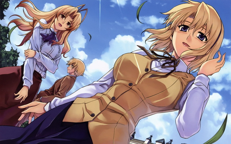anime, blonde, lifestyles, art and craft, female, girls, vector, cloud - sky, pleasure, clip Art, computer Graphic, illustration, smiling, blue, backgrounds