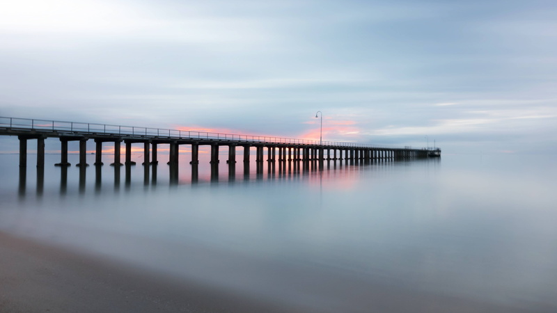 pier, sunset, sea, calm, horizon, jetty, water, 5K, ocean
