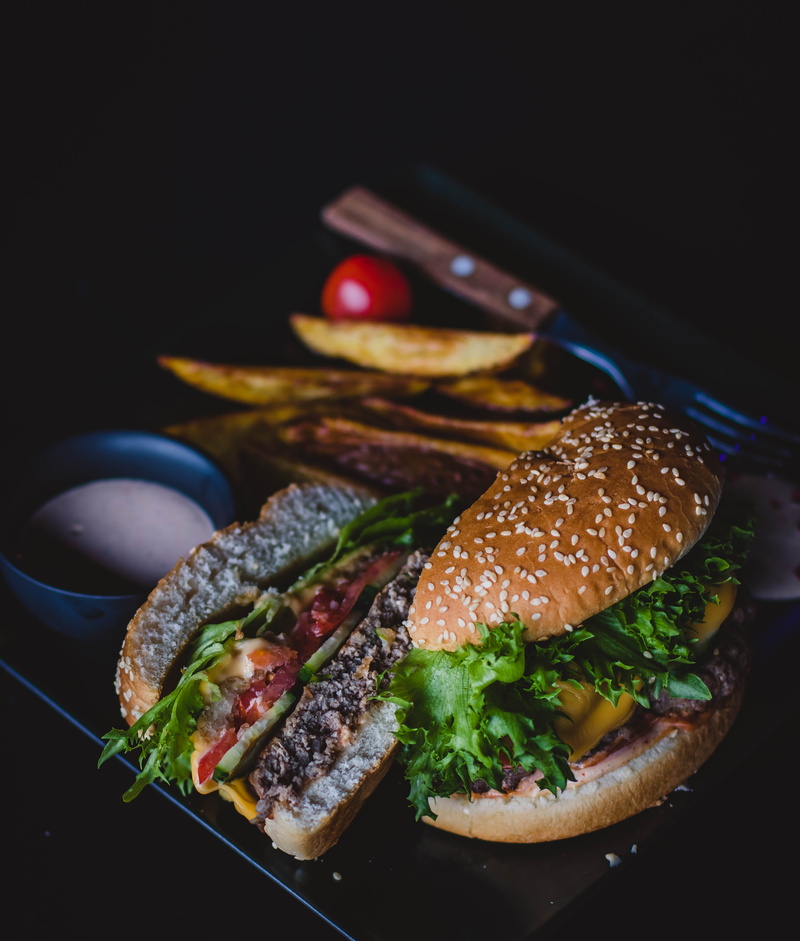 unhealthy eating, no people, food and drink, close-up, tomato, still life, food, sesame, freshness, dinner, black background, cuisine, sandwich, fast food