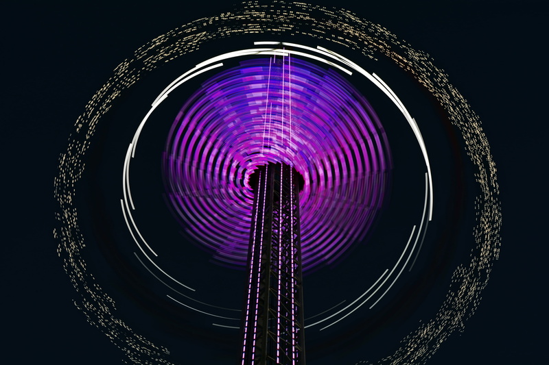 indoors, height, shape, circle, illustration, hustle and bustle, no fear of heights, purple, lights, white, sit, upward, leisure, colorful, 4K, architecture