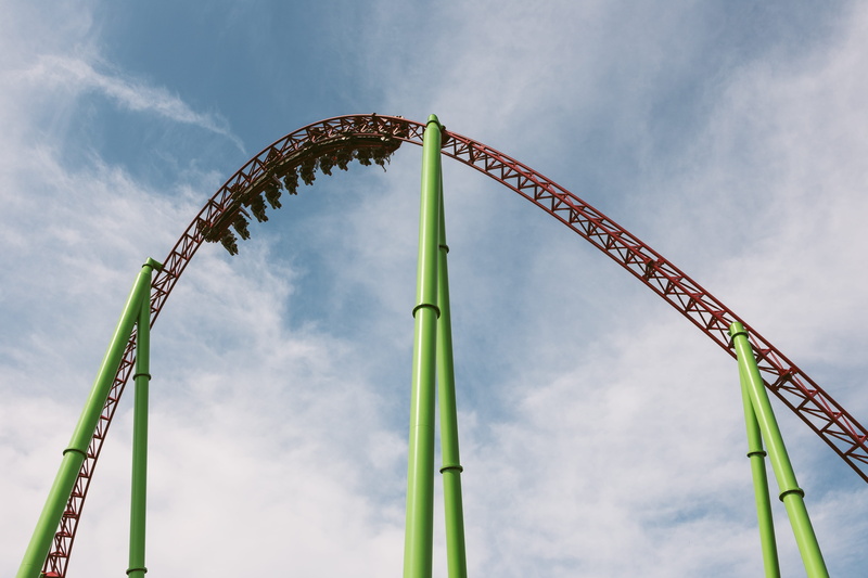 sky, low angle view, fun, positive emotion, no people, day, amusement park ride, entertainment, outdoors, height, roller, cloud - sky, emotion, rollercoaster