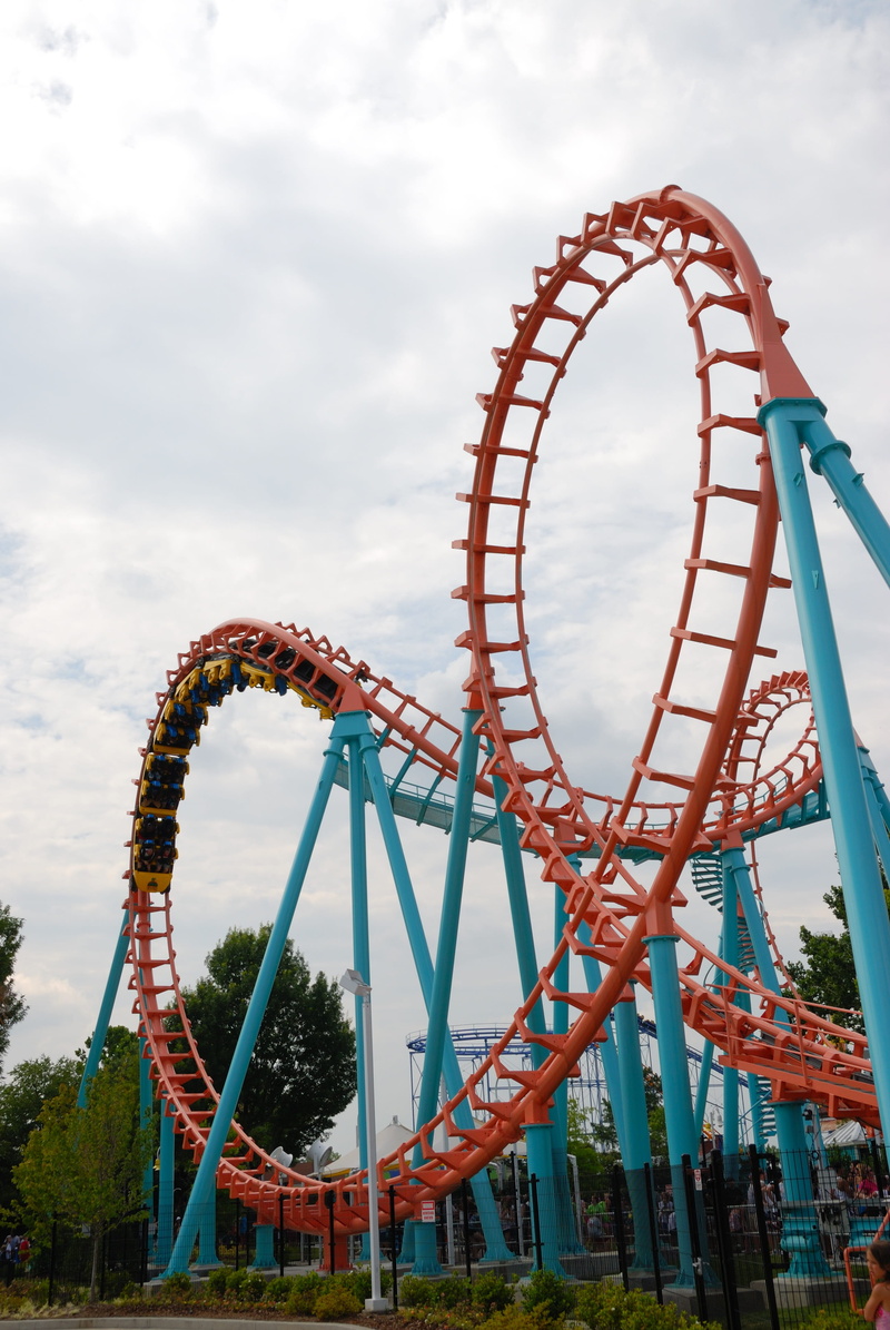 low angle view, no people, attraction, Ride, red, amusement park, shape, photo, loop, motion, Amusement, family, blue, nature, arts culture and entertainment