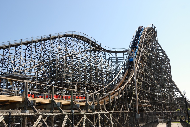 rollercoaster, day, bridge - man made structure, architecture, built structure, wooden roller coaster, roller coaster, 4K, recreation, no people, joy