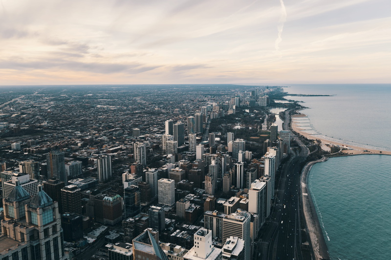 Chicago, aerial, tall - high, residential district, downtown District, urban Scene, city, york, city view, cloud - sky, 5K, angle, water, outdoors, horizon
