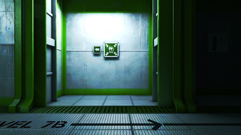 tiled floor, no people, green color, communication, direction, tile, flooring, built structure, sign, architecture, entrance, building, empty, open, absence