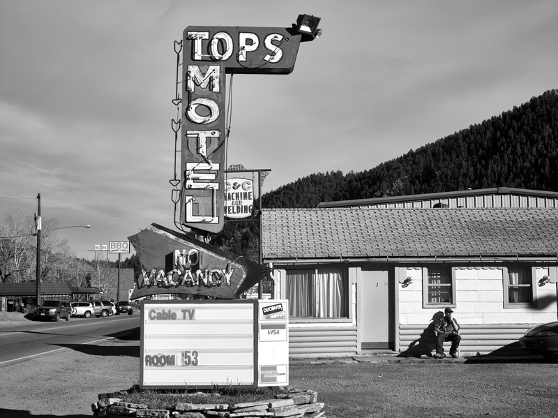 sign, architecture, built structure, advertisement, tree, carol m highsmith, text, Hotel, road, idaho springs, outdoors, building exterior, one person