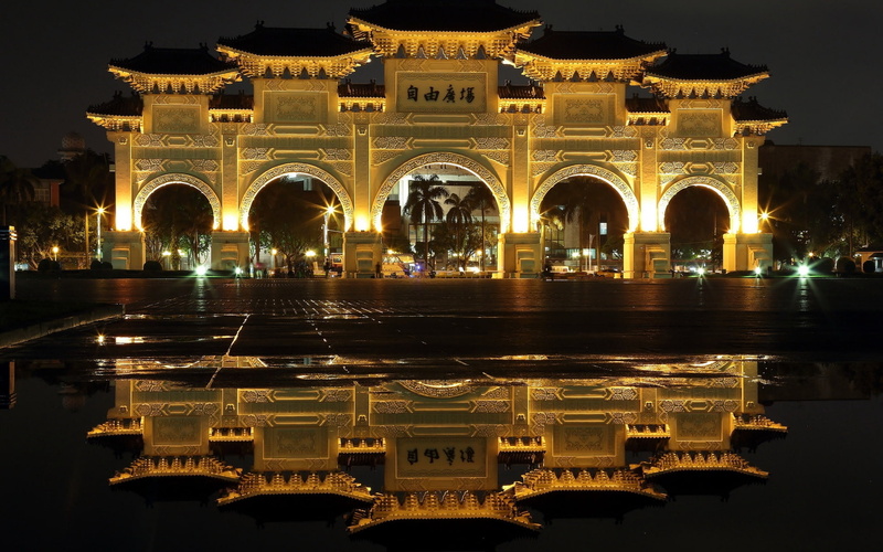 arch, chiang kai-shek memorial hall, no people, taipei, reflection, architecture, lights, tourism, waterfront, built structure, history, 1080P, City, illuminated