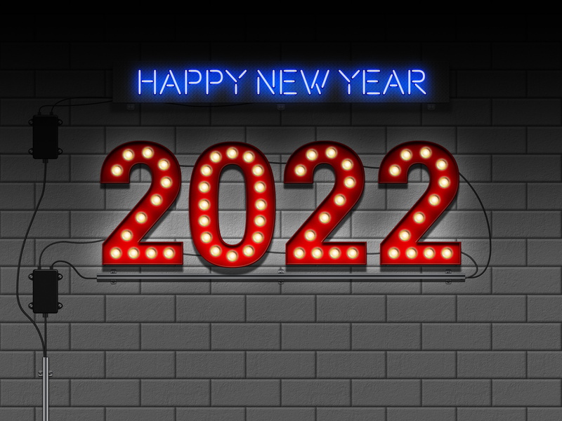 4K, Happy New Year, 2022 (Year), bulb lights, neon sign