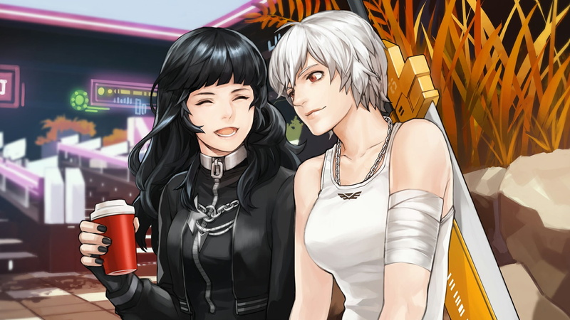 dark hair, red eyes, Bushes, coffee, neon, vest, relaxing, black hair, sword, Bodyguard, silver hair, Smile, TROUBLESHOOTER, 1080P, gothic lolita, video games
