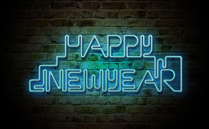 lighting equipment, Year, dark, brick wall, Neon, brick, western script, built structure, communication, 2K, capital letter, Light, new, text, Holidays