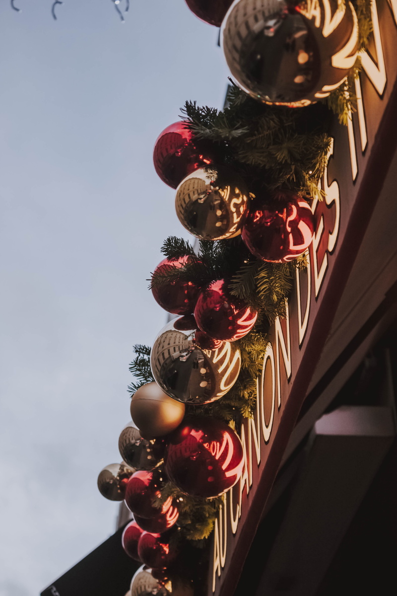 celebration, celebration event, event, nature, low angle view, tree, christmas ornament, red, christmas tree, sky, baubles, in a row, christmas decoration