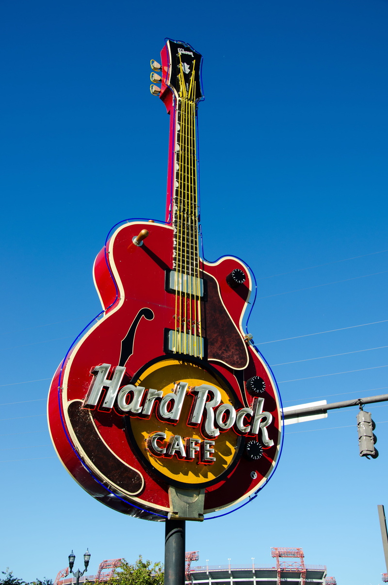 hard rock cafe, Nashville, arts culture and entertainment, western script, outdoors, shield, America, string instrument, music, low angle view, sign, guitar