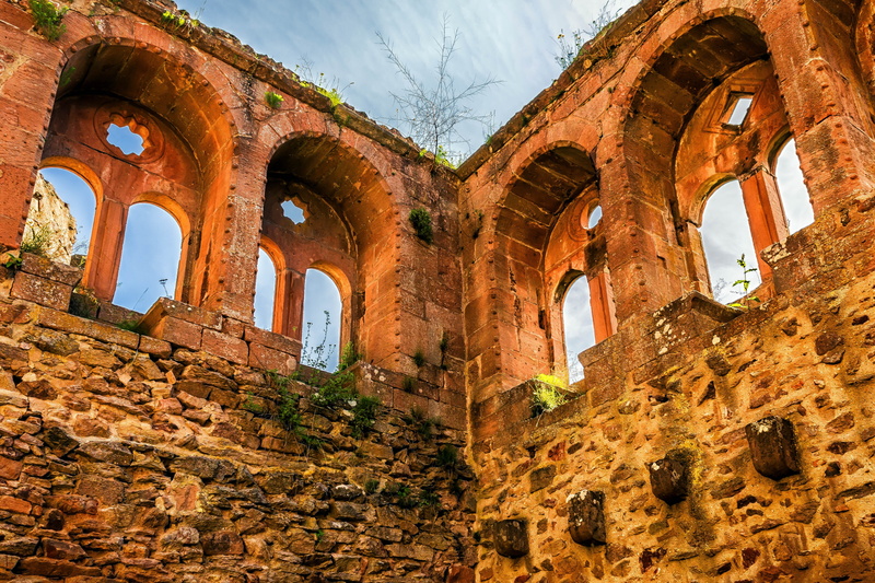 nature, knights castle, damaged, blue, building exterior, wall, travel destinations, brown, weathered, ancient, ruined, Middle Ages, 4K, sky, stone wall