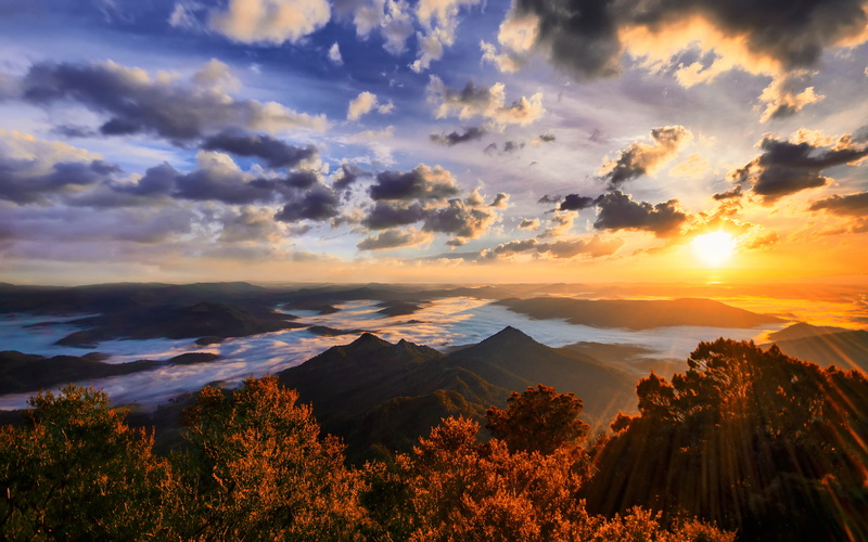 sunsets, nature, mountain, tranquility, idyllic, 4K, clouds, cloud - sky, scenics - nature, no people, sky, mountain range, orange color, environment