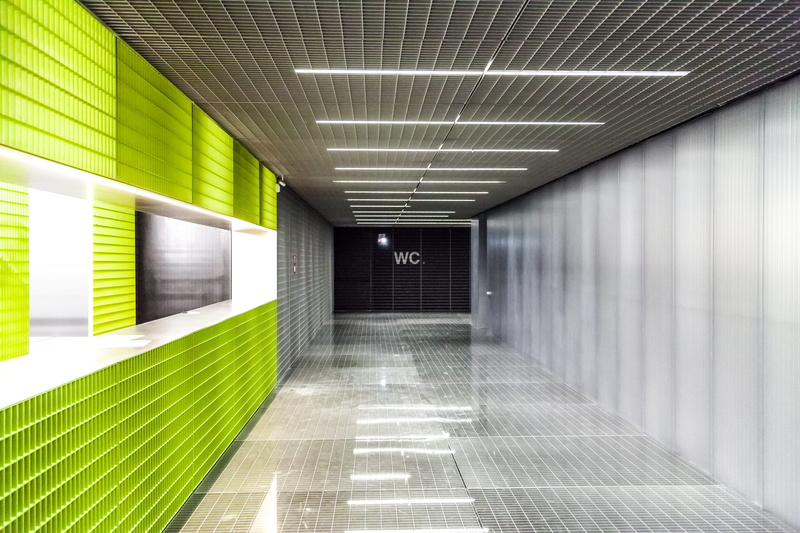 architecture, tiled floor, arcade, italy, bathroom, lighting equipment, empty, modern, illuminated, industry, wall - building feature, direction, diminishing perspective