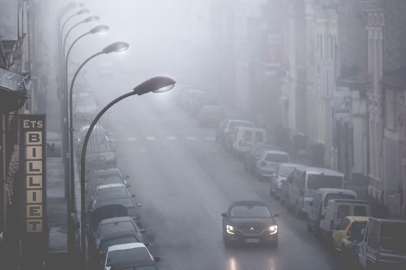 for, city, road, winter, mode of transportation, traffic, wet, city life, gar, mist, cars, car, drive, house, architecture, building exterior, light, day