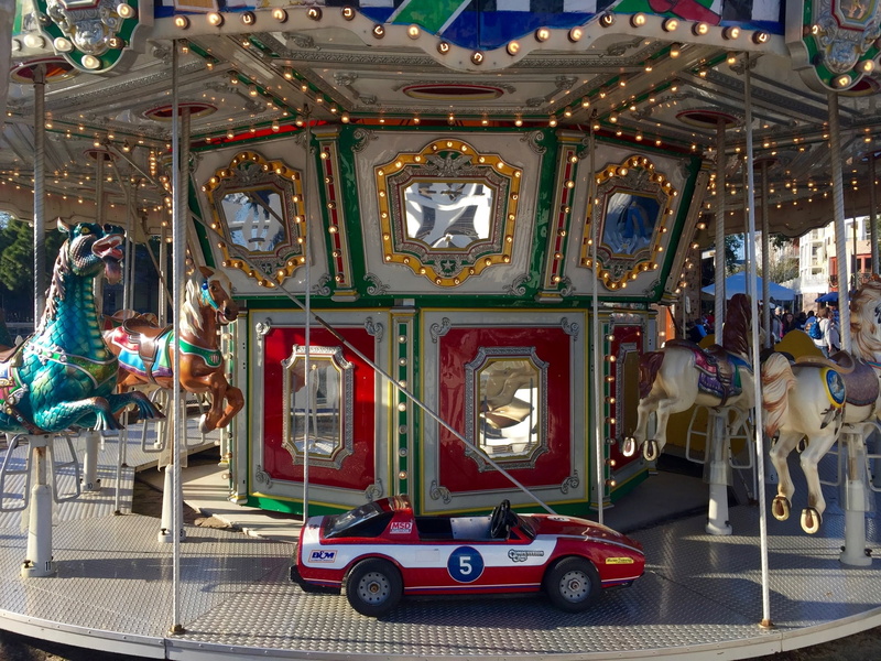 multi colored, carousel horses, little, vacation, spin, colorful, park, mode of transportation, livestock, leisure activity, day, car, absence, joy, transportation