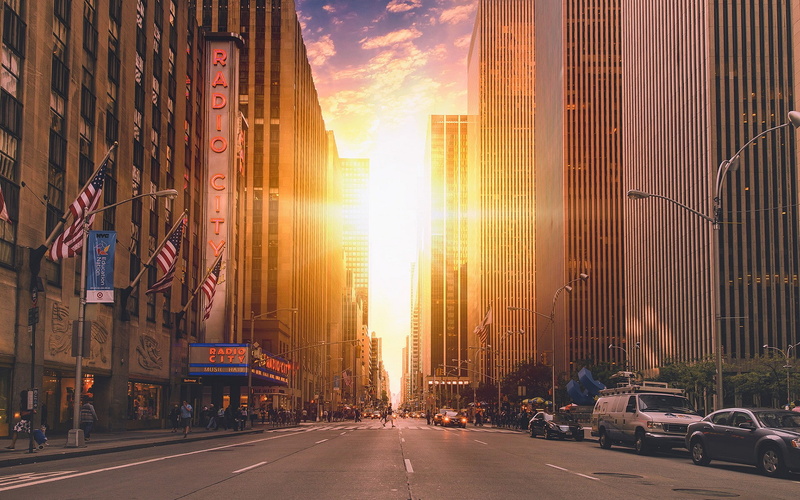 building, twins, Sun, road, skyscraper, radio, cityscape, Manhattan, 1080P, street, USA, architecture, sunlight, American flag, car, New York City, clouds