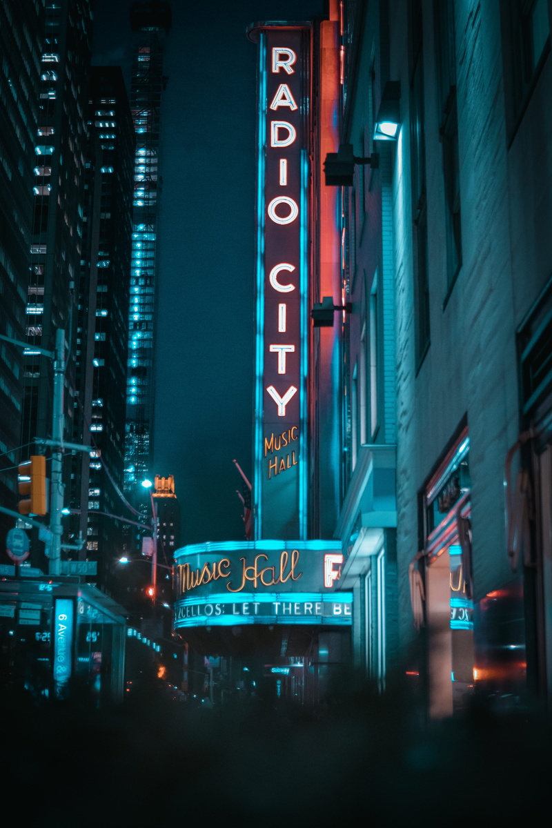 skyscraper, nighttime, city life, neon, text, travel destinations, built structure, no people, sign, street, night, communication, 5K, outdoors, western script