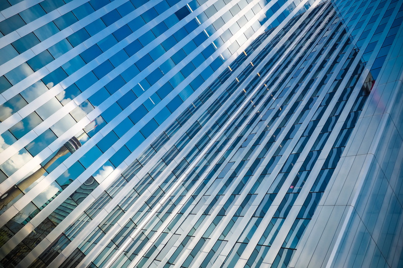media harbour, financial district, no people, reflection, mirroring, architecture, town center, building, modern high rise building, low angle view, office building exterior