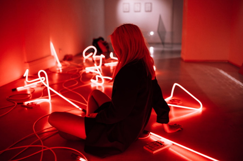 women, neon lights, 720P, women indoors, on the floor, sitting, LEDs, red, people, room