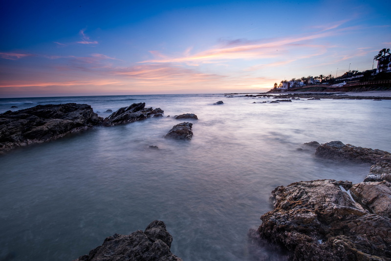 beach, rocky coastline, sea, waves, beach hype, malaga, cloud - sky, body, land, rock, horizon over water, costa del sol, stillness, highlights, orange