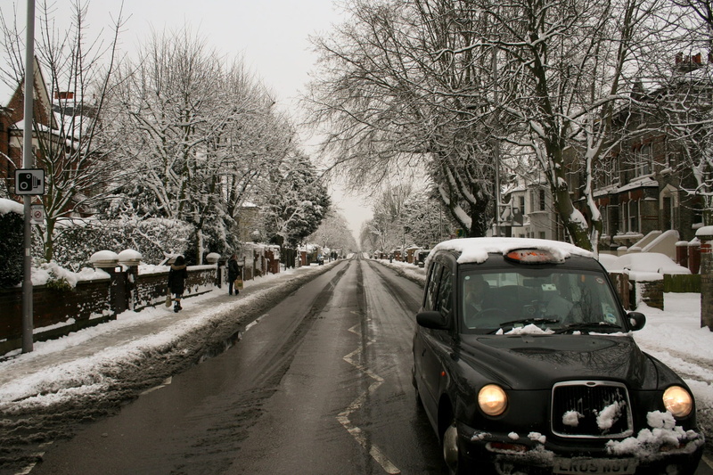 the way forward, cab, london, city, plant, car, outdoors, trees, street, bare tree, land vehicle, united kingdom, 1080P, no people, snow, day, white, taxi
