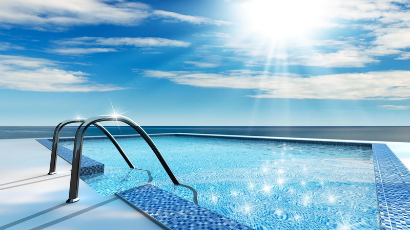 clouds, ladder, shimmer, 1080P, nature and landscapes, water, pool, shimmering