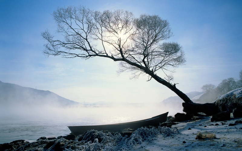 landscape, plant, boat, outdoors, hoarfrost, snow, mist, rock - Object, gleam, water, blue, land, non-urban scene, tree, mountain Peak, sea, scenics, tranquil Scene