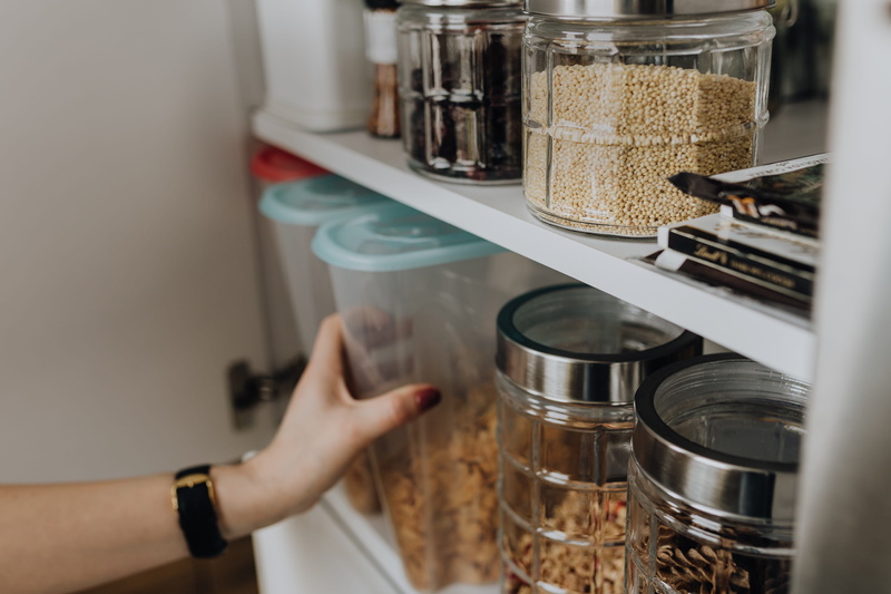 domestic kitchen, household equipment, home, morning, 4K, adult, kitchen, corn flakes, cupboard, home interior, one person, saucepan, human body part
