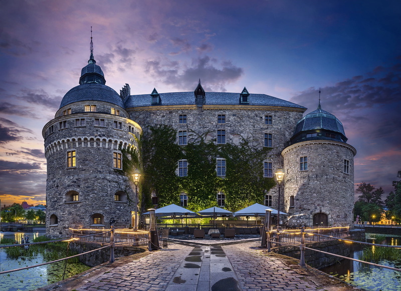 the sky, pond, lights, 1080P, Örebro castle, castle, the evening, Sweden