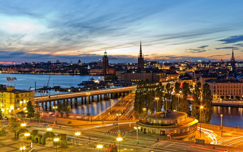europe, traffic, river, building Exterior, sky, office building exterior, light trail, long exposure, stockholm, twilight, night, lights of the city, architecture