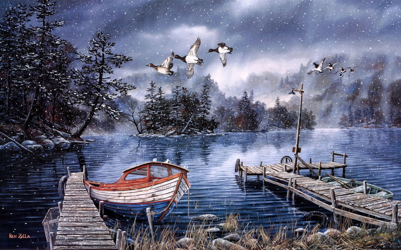Painting, Snow, Lake, Winter, Woods, Dock, Ducks, Boat, Watercolor, 2K
