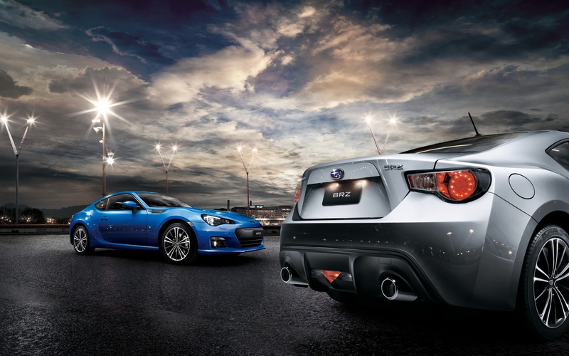 Subaru BRZ, car, race tracks, clouds, front angle view, sunset, lights, vehicle, 2K, Toyobaru, Subaru