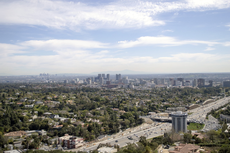 sprawl, cityscape, skyscraper, los angeles, day, building, architecture, landscape, drive, sky, hillside, lookout, aerial, residential district, no people