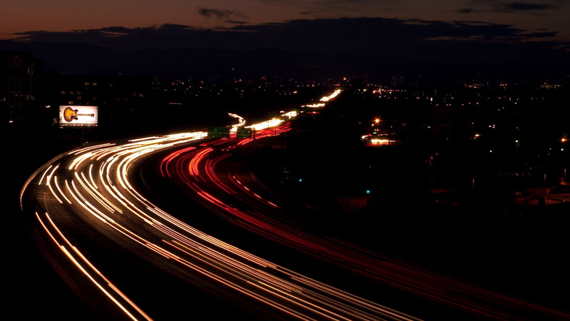 built Structure, high angle view, lighting Equipment, dusk, sign, transportation, city Life, road, illuminated, mode of Transport, multiple Lane Highway