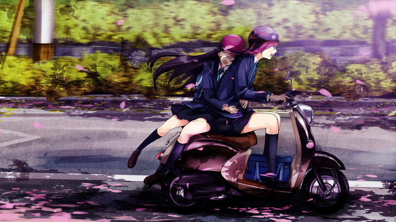original characters, road, crash helmet, fantasy art, sitting, helmet, men, real people, city, full length, casual clothing, outdoors, land vehicle, one person