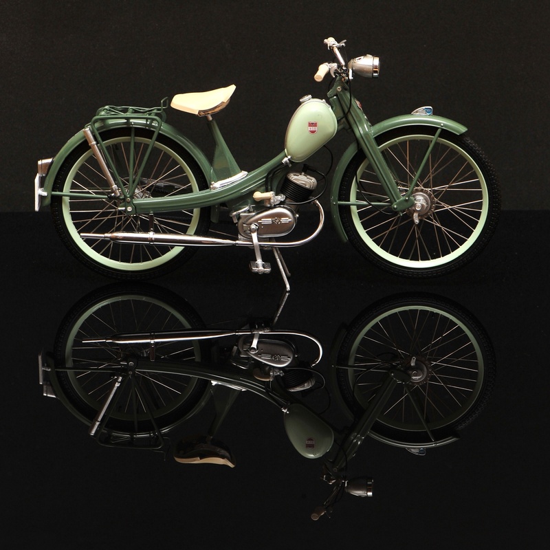 cut out, land vehicle, nsu, model, parking, indoors, green moped, old, moped old, 1953, bicycle, moped, high angle view, transportation, close-up, old moped