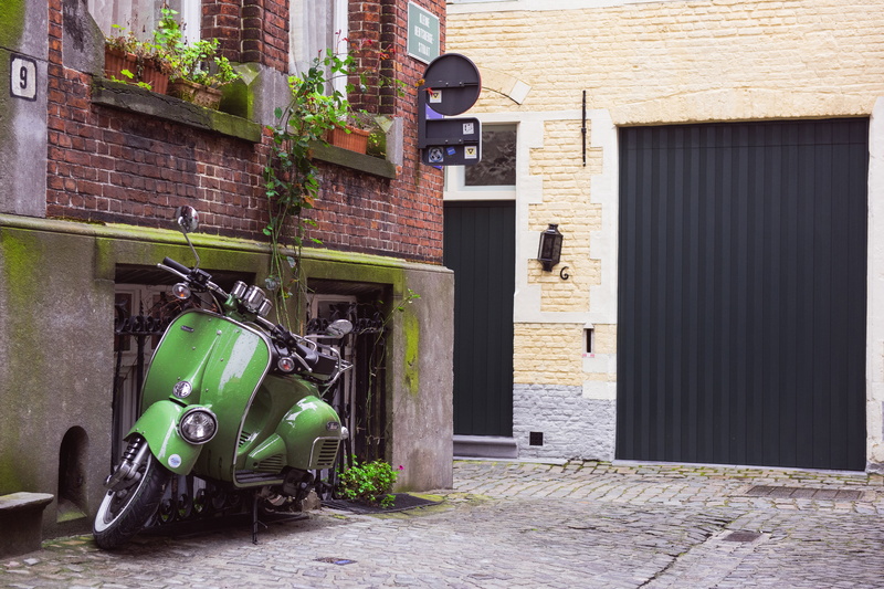outdoors, town, motor Scooter, architecture, house, facade, building, land Vehicle, travel, built structure, day, europe, brick, vespa, old, no People