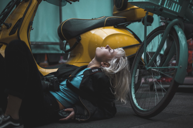 outdoors, blonde, beautiful, motor bike, pretty, 5K, yellow, leisure activity, car, vehicle, beautiful girl, bicycle, posture, photoshoot, scooter, mouth open