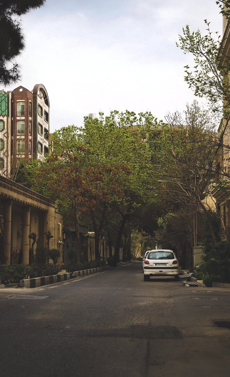 motor vehicle, growth, no people, iran, outdoors, tehran, building exterior, road, architecture, building, farmanieh, street, city, plant, 5K, day, built structure
