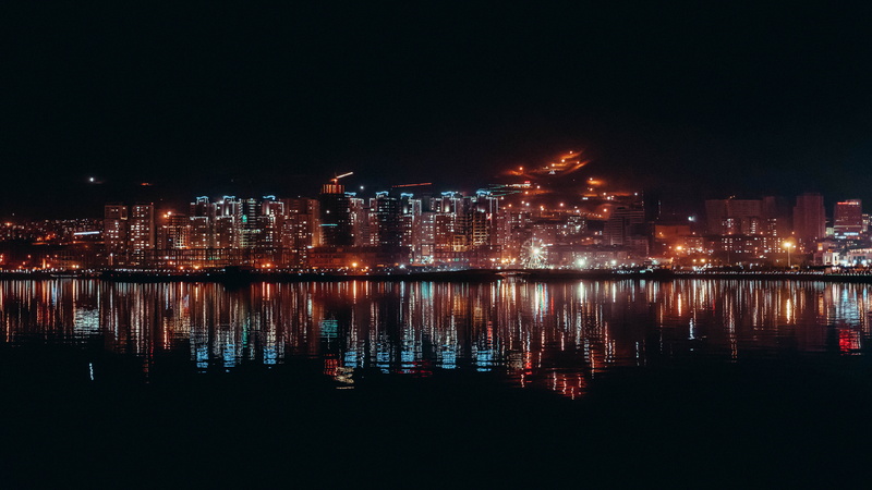 lights, nightlife, residential district, sky, lake, water, waterfront, outdoors, city, building exterior, reflection, reflectation, iran, no people, nature