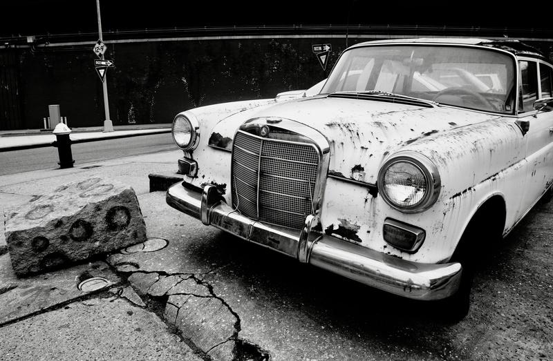 damaged, oldschool, clasic, vintage car, mercedes, land vehicle, retro styled, water, street, old, stationary, new york, outdoors, adventure, transportation