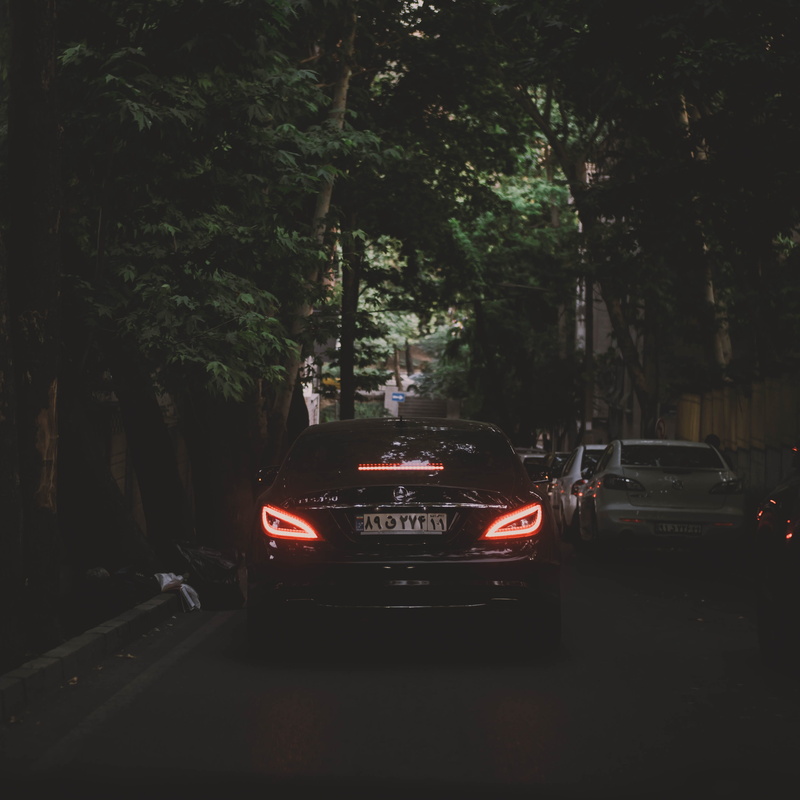 alef street, modern car, street, night, iran, on the move, land vehicle, german car, lights, road, outdoors, transportation, tree, greenery