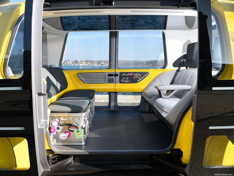 glass - material, land vehicle, 2018 Volkswagen Sedric School Bus Concept, travel, 720P, vehicle seat, reflection, seat, transport, no people, outdoors