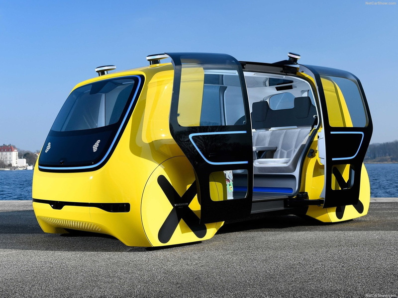 no people, outdoors, clear sky, transportation, blue, sunlight, yellow, land vehicle, 2018 Volkswagen Sedric School Bus Concept, transport, mode of transportation