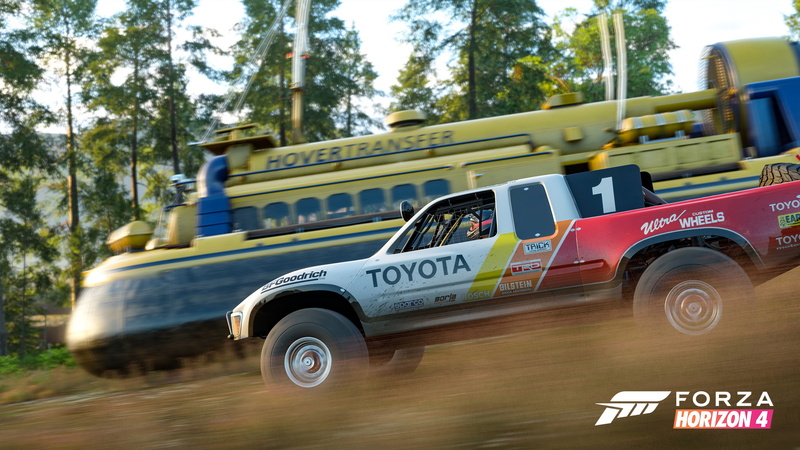 no people, 4K, forest, transportation, screenshot, public transportation, day, Forza Horizon 4, road, E3 2018, plant, western script, motor vehicle, blurred motion