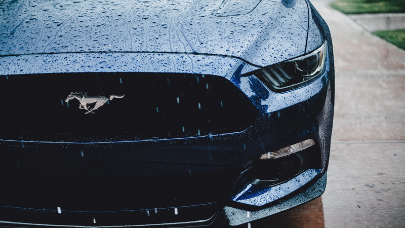 automotive exterior, 4K, raindrops, headlamp, black car, photography, wet, car, rain, ford mustang