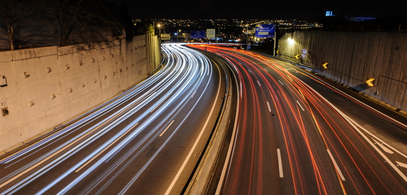 street, 4K, long exposure, multiple lane highway, speed, light trail, lights, highway, traffic, cityscape, tracers, road, headlamp lights, outdoors, architecture